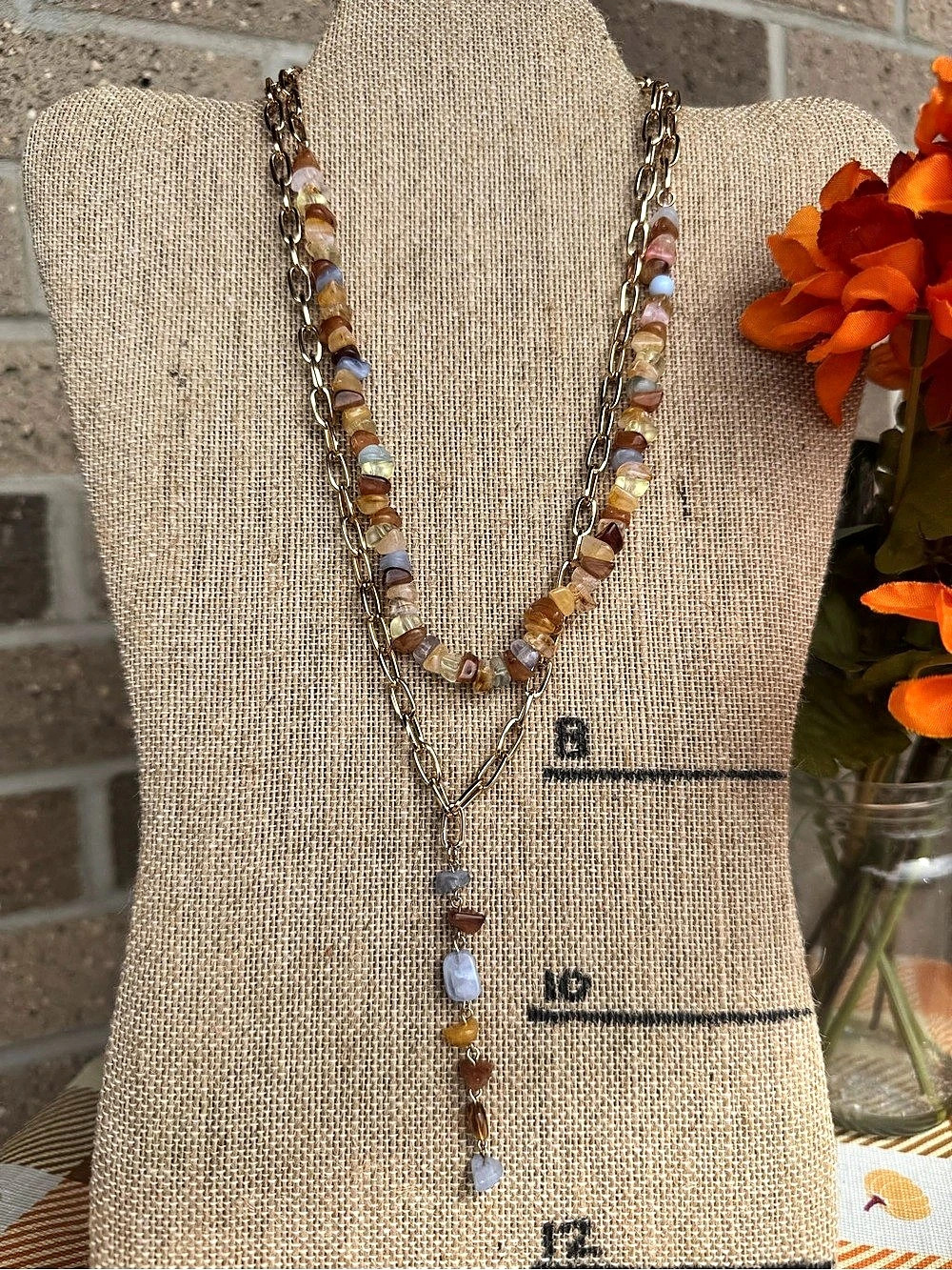 Multicolor Stone Chip Gold-Tone Layered Y-Drop Boho Necklace NWT